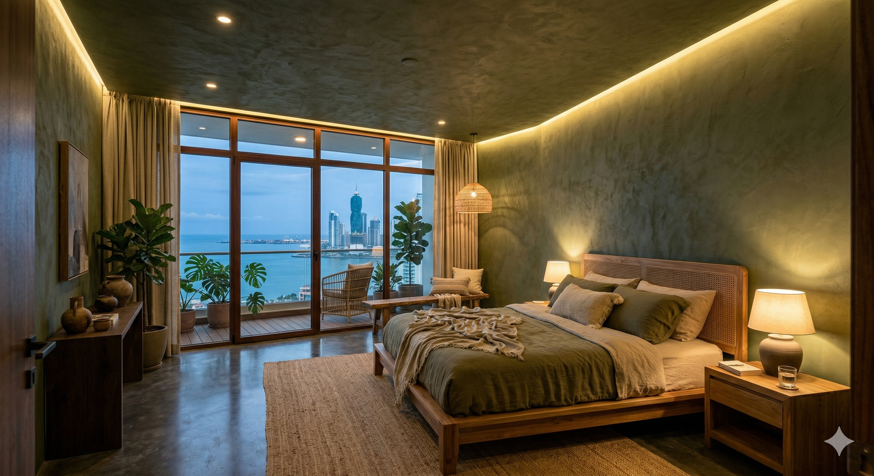 Dormitorio con acabado decorativo en microcemento verde y luz perimetral