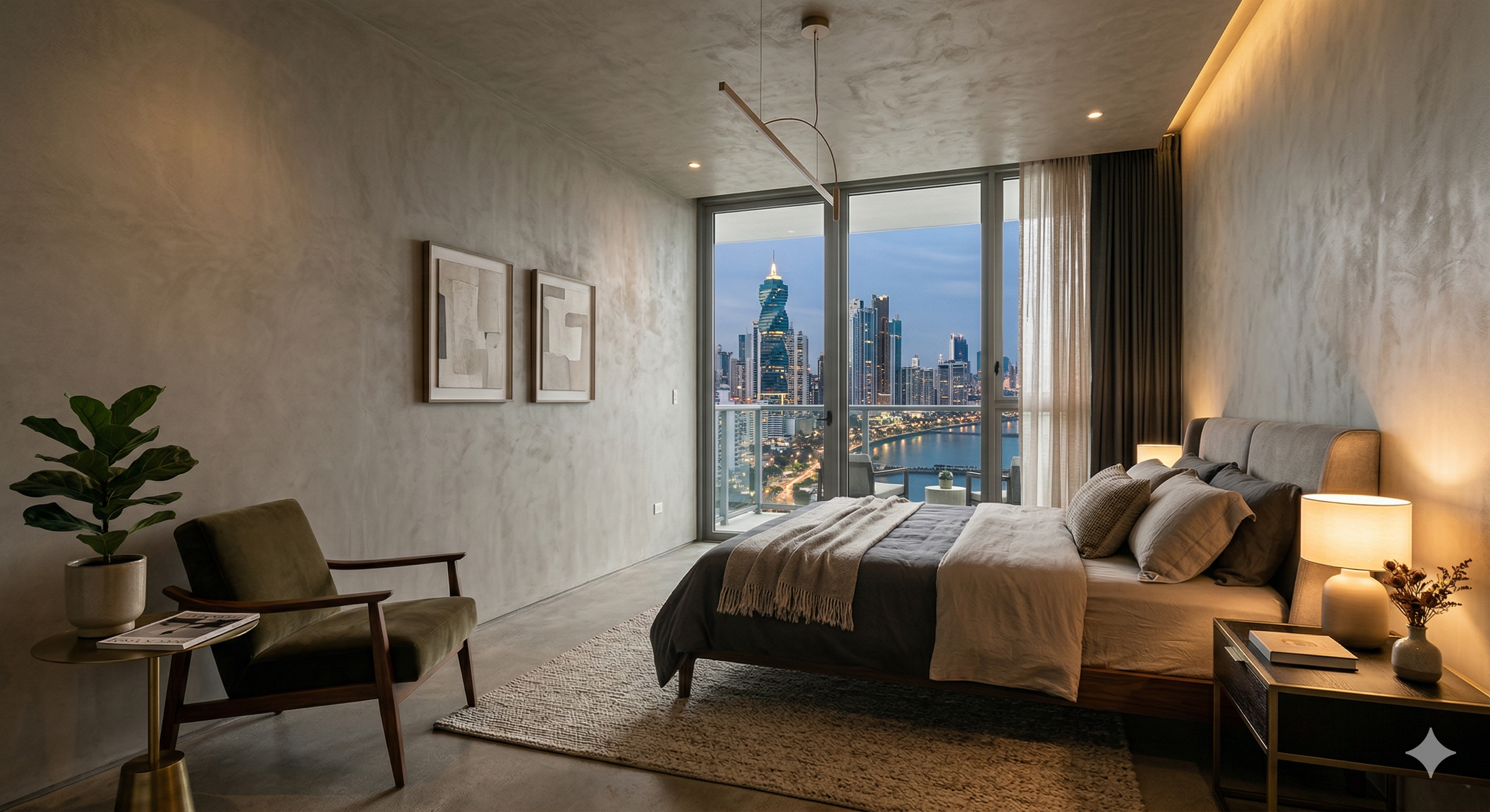 Dormitorio con microcemento claro y acabado uniforme premium