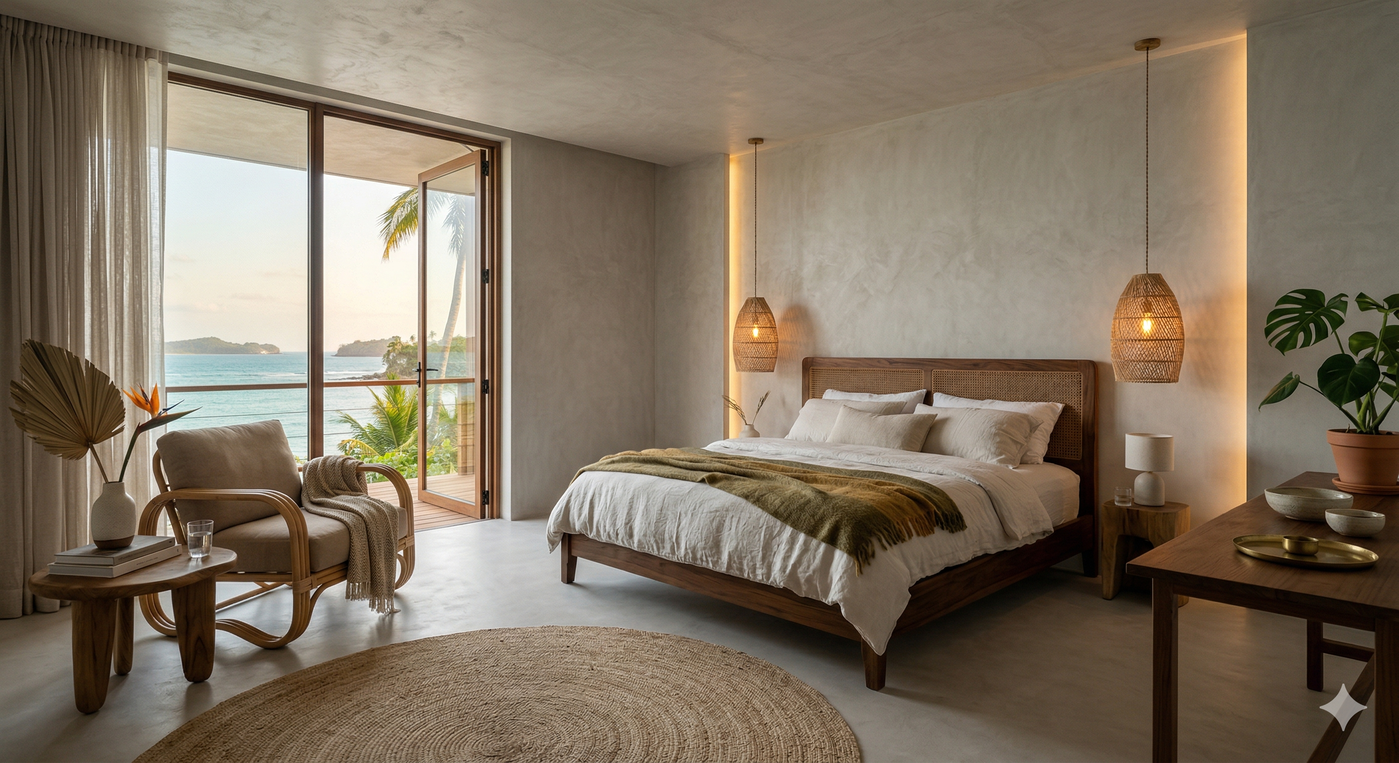 Dormitorio en tonos lila con microcemento suave y luz cálida