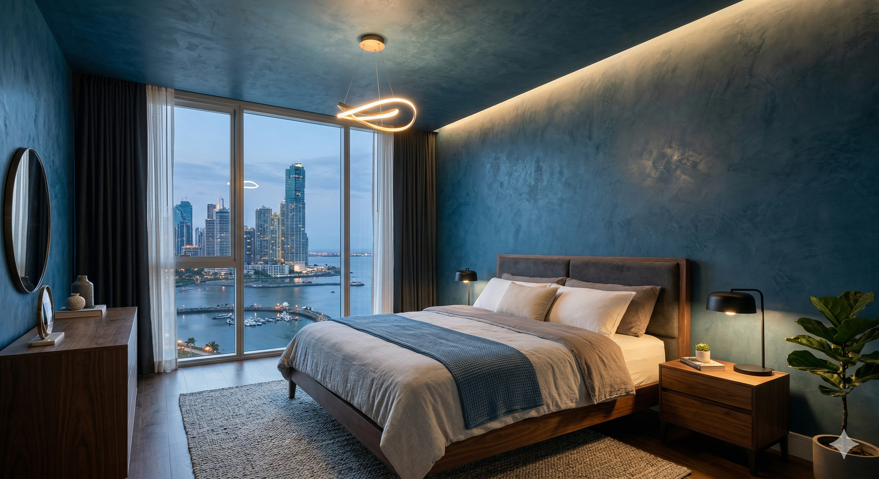 Dormitorio azul con muros texturizados y vista de ciudad