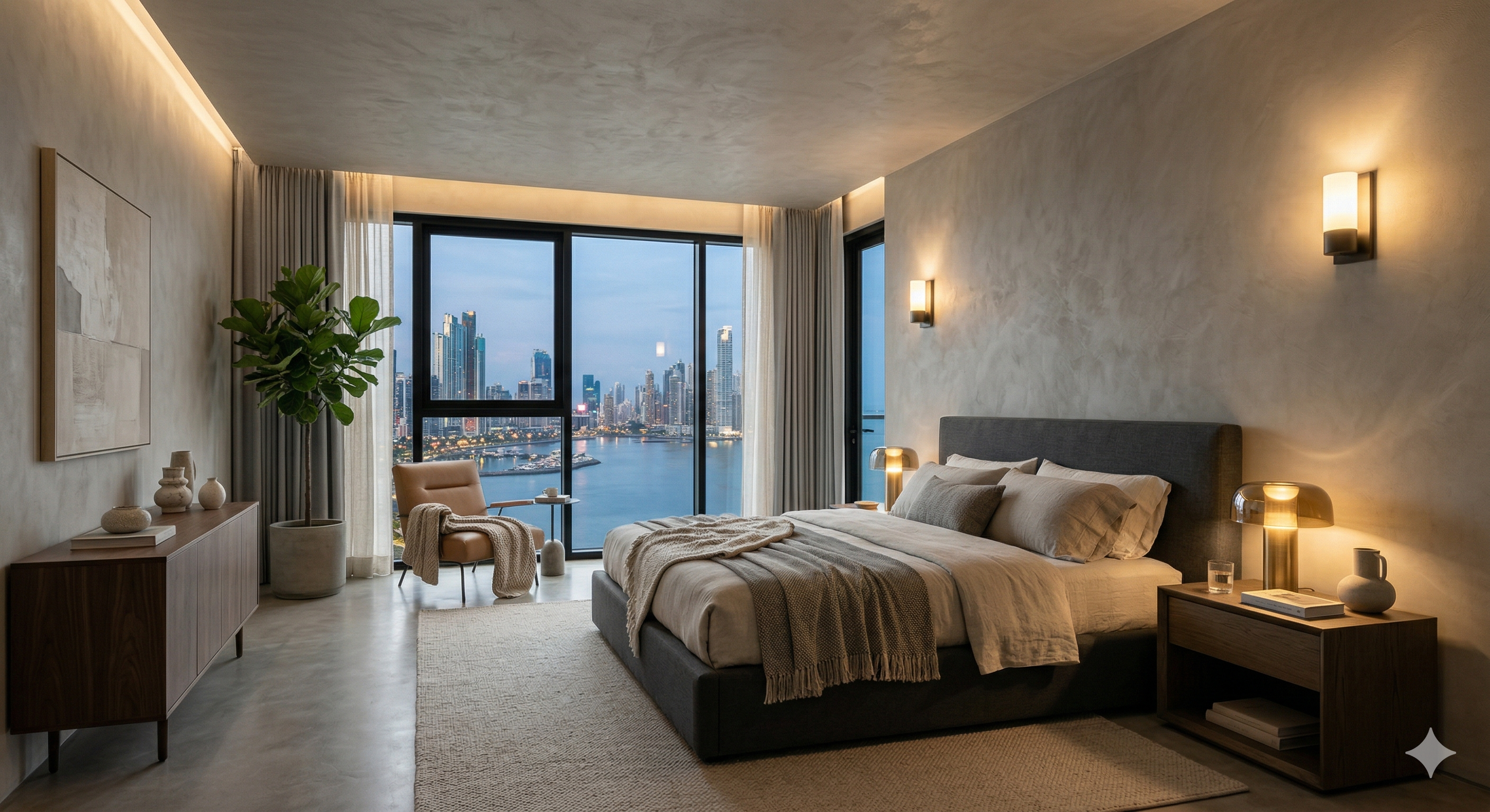 Sala con muros de microcemento claro, iluminación indirecta y vista al mar