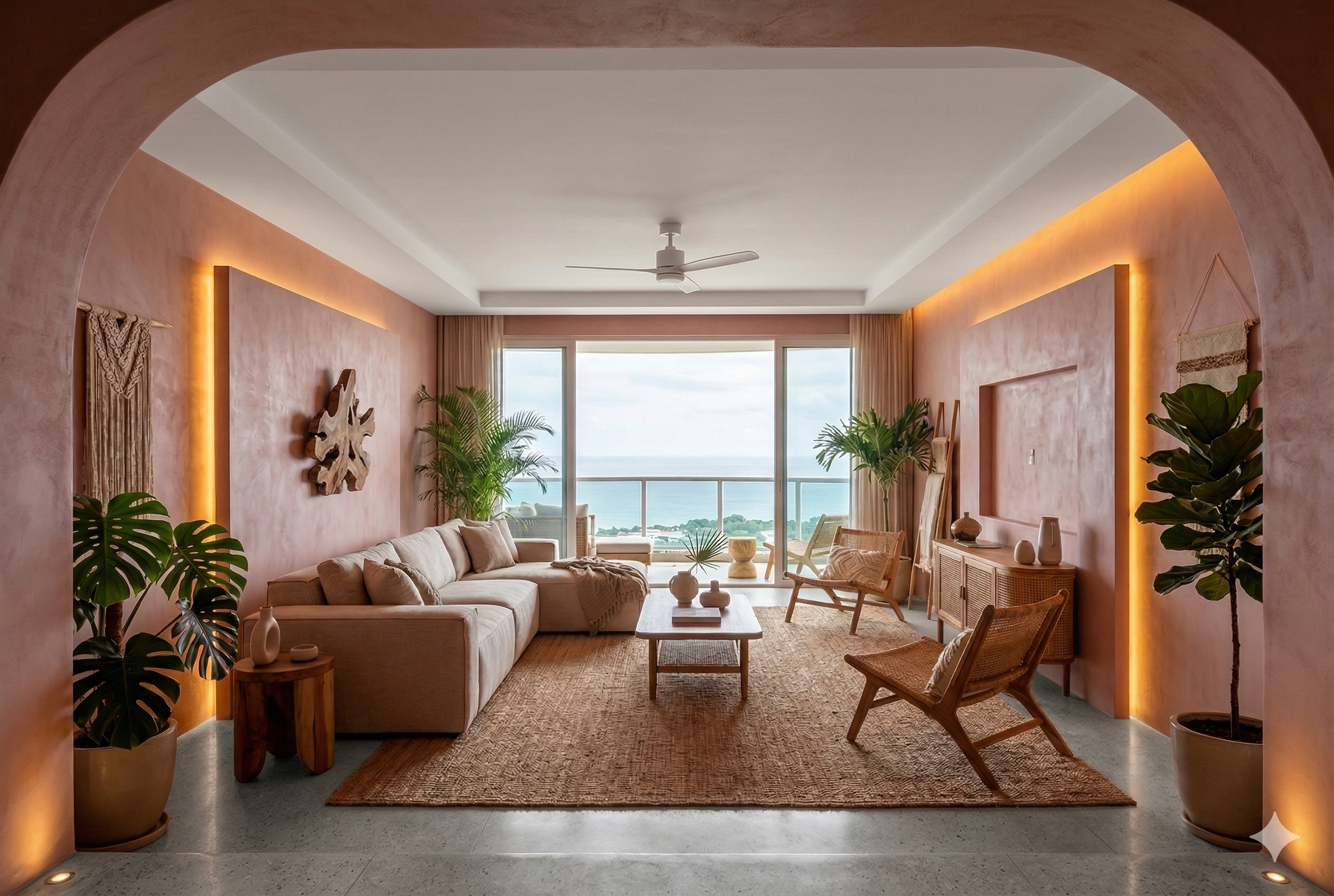 Baño en microcemento gris con nichos y vista panorámica