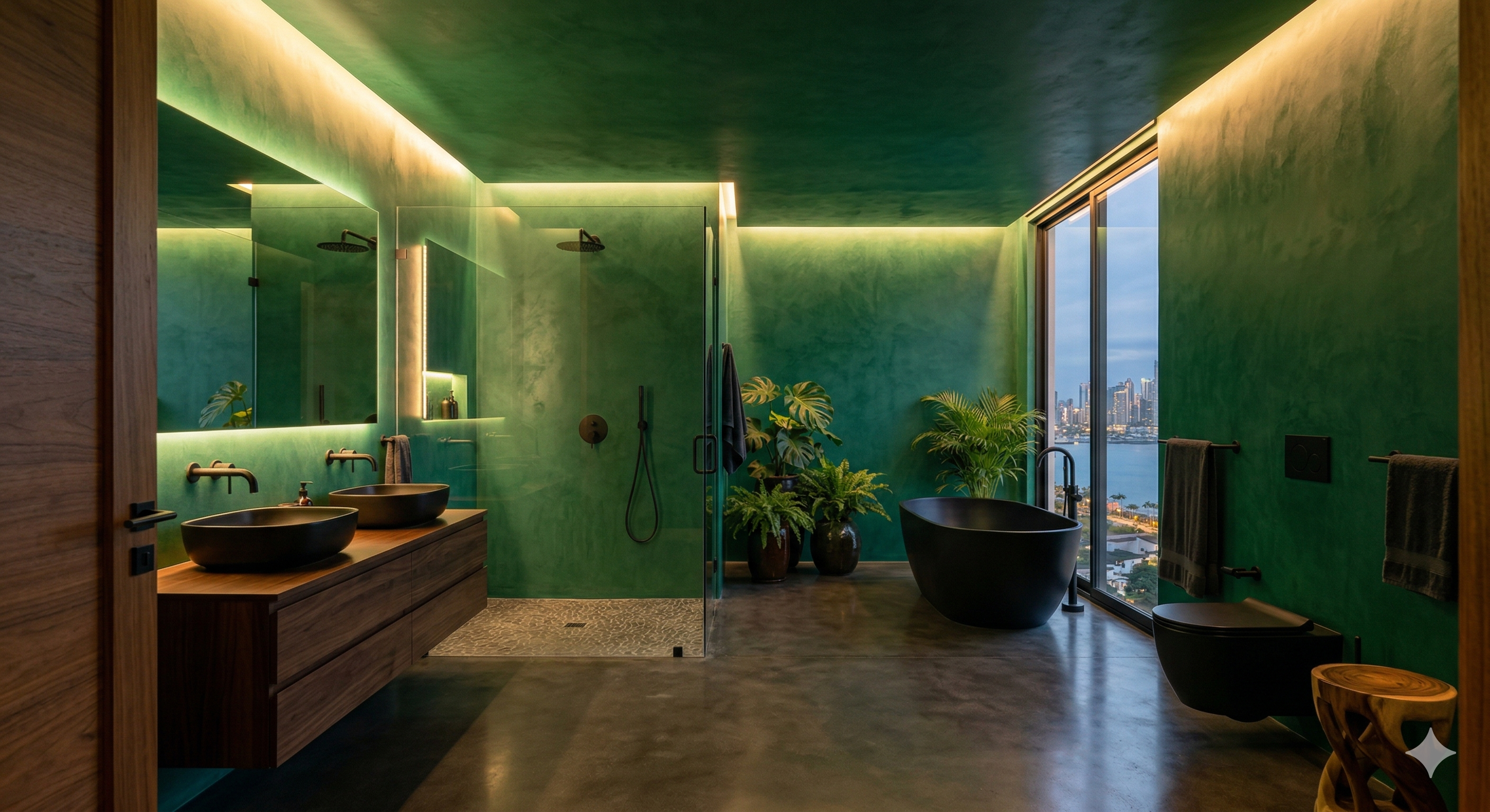 Baño verde con textura continua en muros y techo
