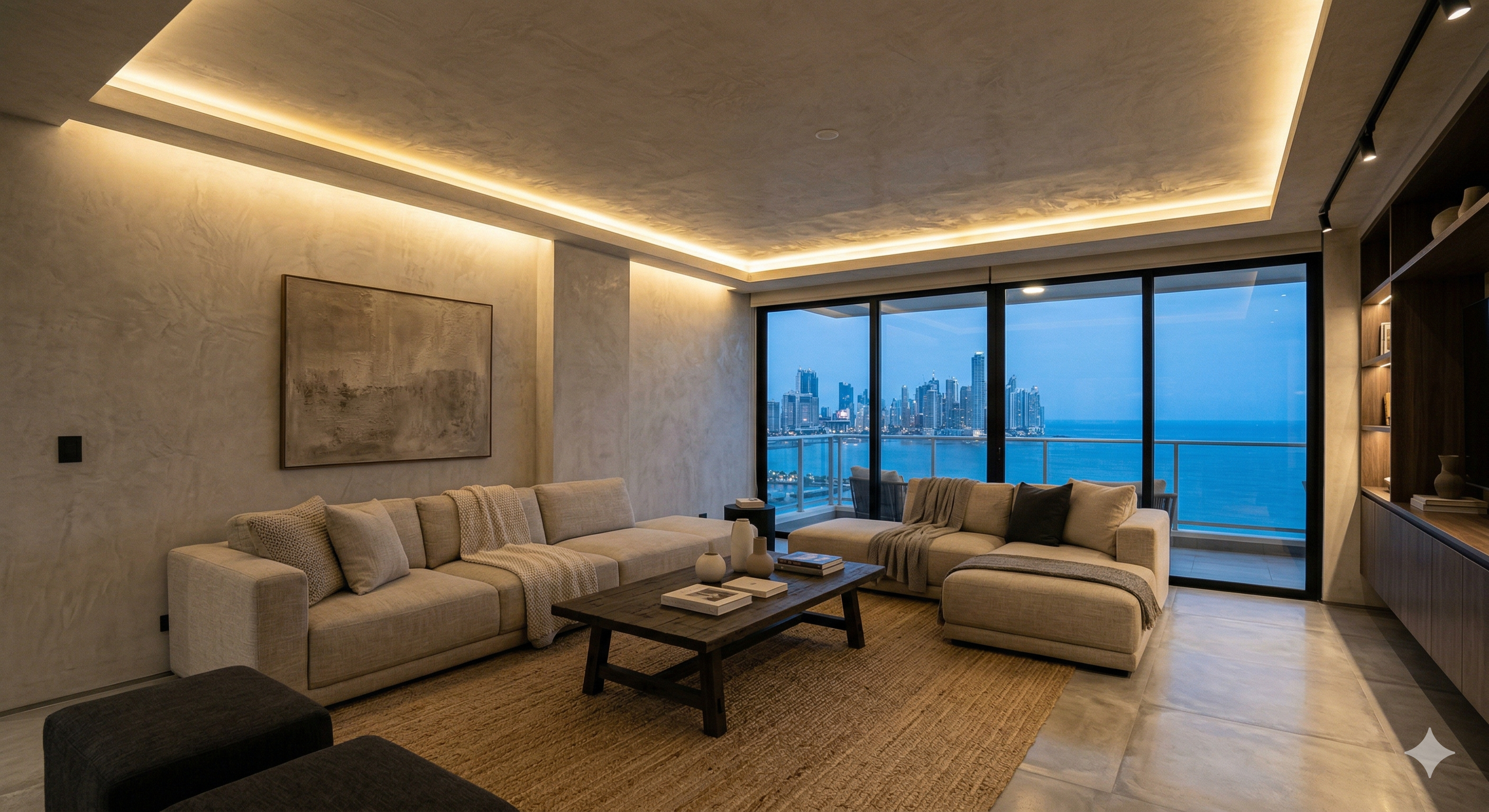 Pared con microcemento aplicado en tono neutro