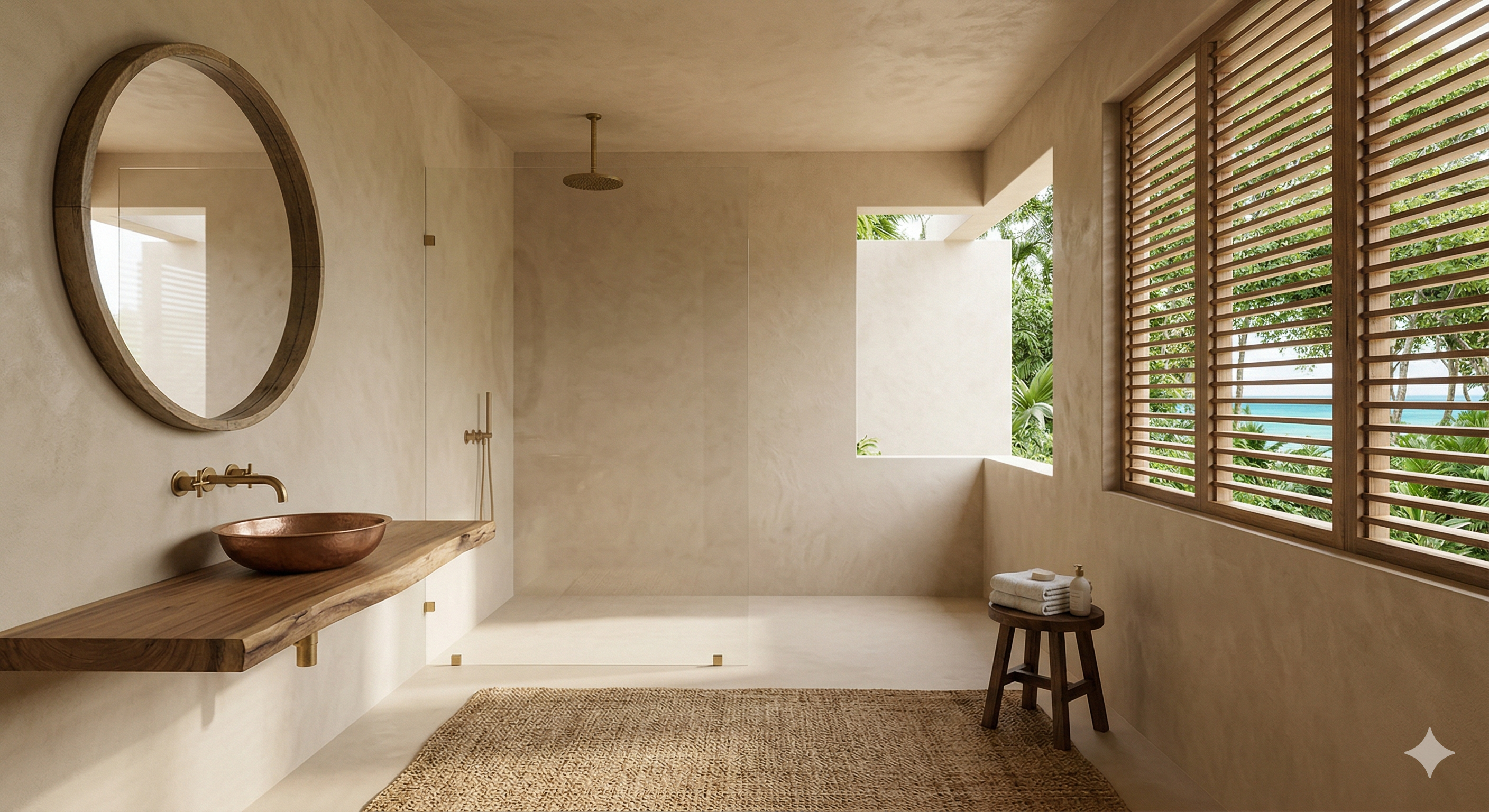 Dormitorio con microcemento verde oliva y terraza frente al mar